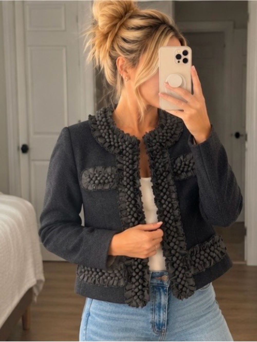 J.Crew Berry Trim Astrid Jacket Charcoal 2008 Jenna Lyons Y2K Coquette Cropped